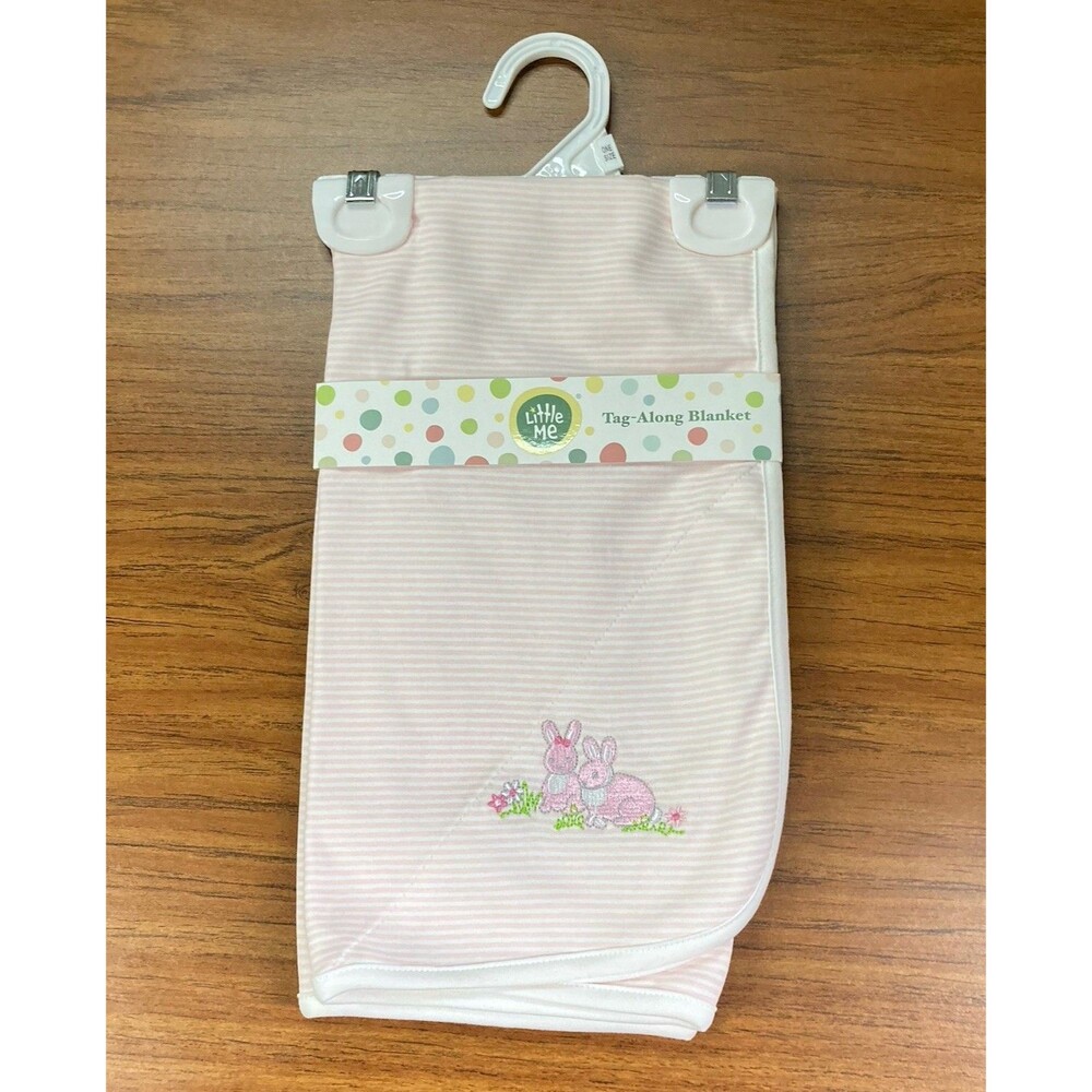 LITTLE ME Tag-Along Pink Stripe Baby Blanket Bunnies One Size Girls Cotton NWT
